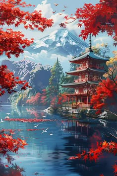 a painting of a pagoda in the middle of a lake surrounded by trees with red leaves