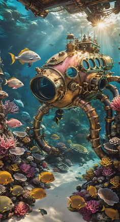 an underwater scene with a diving machine surrounded by corals and other marine life, including fish