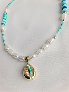 Carabien Blue Katsuki Beads Blue White Beads Handmade Necklace Beach Summer Days Gift Birthday Party Summer Vibes Spring Vibes Gold Seashell Hanger Birthday Party Summer, Party Summer, Spring Vibes, Beads Handmade, Bead Jewelry, Summer Parties, Beach Summer, White Beads, Handmade Necklace