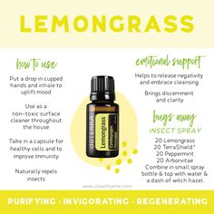 Lemongrass is perfect to apply to overworked muscles because it's very soothing to the body. This makes it an ideal oil for a massage. I love adding a drop or two to my Deep Blue Rub before I apply it. Whip up this yummy diffuser blend: take 3 drops Grapefruit, 2 drops Lemongrass,  and 1 drop Spearmint in a diffuser for a beautiful summery blend that is also purifying to the air!

This month, you can grab Lemongrass for 15% off! Doterra Oil, Birth Doula, Essential Oil Blends Recipes