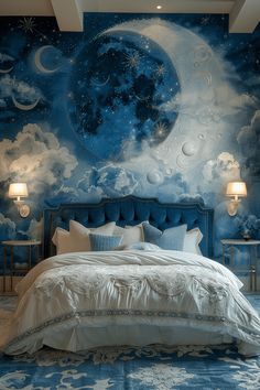 a large bed sitting in a bedroom under a painting on the wall next to two lamps