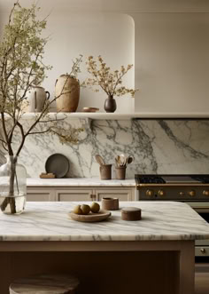 a kitchen with marble counter tops and wooden cabinets, vases on the shelf above