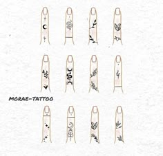 the different types of tattoo needles are shown in this drawing form, and each one has an individual's name on it