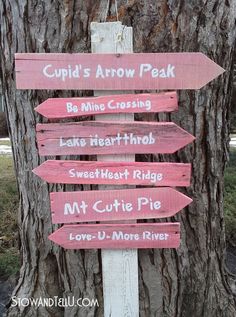 a wooden sign pointing in different directions to cupid's arrow peak, be mine crossing, lake heartthrob, mt cutie pie and love - u - more river