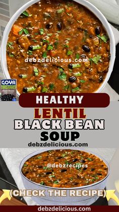 healthy lentil and black bean soup recipe in a white bowl on top of a table