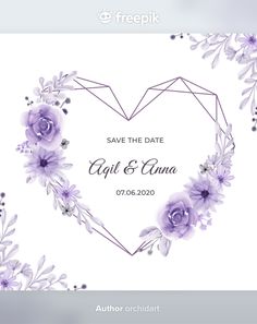 save the date card with purple flowers and leaves on white paper in the shape of a heart