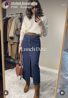 Blue Suede Skirt Outfit, Denim Midi Skirt And Boots, 70s Denim Skirt Outfit, Long Jean Skirt Outfits Summer Casual, Denim Midi Skirt Outfit Autumn, Midi Denim Skirt Outfits, Denim Maxi Skirt Outfit Winter, Midi Denim Skirt Outfit Fall, Denim Midi Skirt Outfit Winter