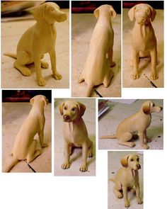 there are many different pictures of a dog that is made out of wood and plastic