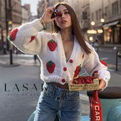 Lasaky - Strawberry-Studded Bishop Sleeve Button-Up Cardigan Patchwork Sweater, Winter Knit Sweater, Handmade Sweater, Hand Knitted Sweaters, Crochet Inspo, Mode Vintage, Unique Outfits, Mode Inspiration, Cardigan Tops