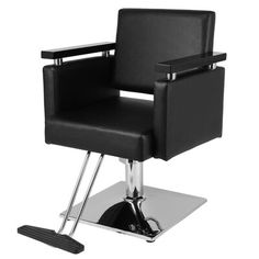 a black chair sitting on top of a metal base