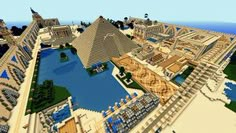 an aerial view of a city in minecraft with lots of water and buildings around it