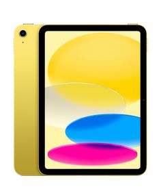 the new ipad air is shown in yellow and pink, as well as an apple logo