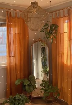 a mirror and some potted plants in front of a window with orange drapes