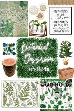 various green and white wallpapers with words on them, including the words botanical garden