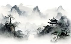 Ancient Chinese Characters, Chinese Mountains, Chinese Picture, Chinese Background, Chinese Wallpaper, Chinese Artwork, Wallpapers Ipad, Watercolor Clouds, Ancient Temple