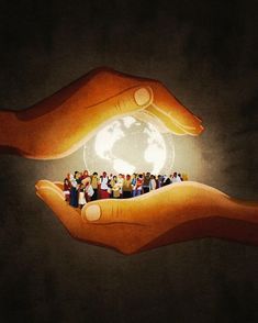 a hand holding a small group of people in front of a light bulb with the earth on it