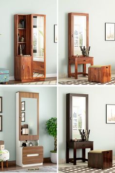 four different views of a room with a mirror, desk, and dresser in it