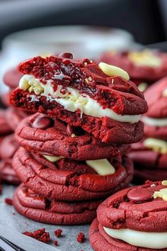 Red Velvet Cookie  Ingredients:  Cookies: 1¼ cups all-purpose flour, 1 tbsp cocoa powder, ½ tsp baking soda, ¼ cup unsalted butter (softened), ½ cup sugar, ¼ cup brown sugar, 1 large egg, 1 tsp vanilla extract, 1 tbsp red food coloring Cream Cheese Filling: 4 oz cream cheese (softened), ¼ cup powdered sugar, ½ tsp vanilla extract  Instructions:  Preheat oven to 350°F (175°C). In a bowl, mix flour, cocoa powder, and baking soda. In another bowl, cream butter, sugar, and brown sugar until smooth. Add egg, vanilla, and red food coloring; mix until combined. Gradually add dry ingredients until dough forms. For filling, mix cream cheese, powdered sugar, and vanilla until smooth.   Prep Time: 15 mins | Cook Time: 12 mins | Total Time: 27 mins | Kcal: 180 | Servings: 12 cookies Cookie Ingredients, Red Velvet Cookies, Cream Butter, Red Food Coloring, Cookies Recipes, Red Food, Cream Cheese Filling, Cookies Ingredients