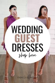 two women standing in front of a mirror with the words wedding guest dresses stay here