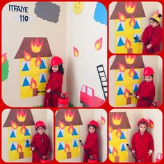 there is a collage of photos with children dressed in fireman costumes