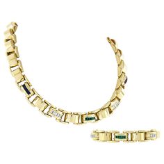 This beautiful vintage statement necklace and bracelet matching set by Tiffany & Co. is crafted from solid 18k yellow gold. This solid and very well made set features fancy domed links throughout with a wonderful high-polished finish for a super attractive look. The center links on the necklace alternate with channels of TOP quality baguette cut diamonds, sapphires, emeralds, and ruby stones that come together with their gorgeous vivid colors and fiery sparkles from the diamonds for such an incr Bracelet Matching, Tiffany Diamond, Gold Link Bracelet, Vintage Tiffany, Detailed Necklace, Wide Bracelet, Baguette Cut Diamond, Necklace And Bracelet, Baguette Cut