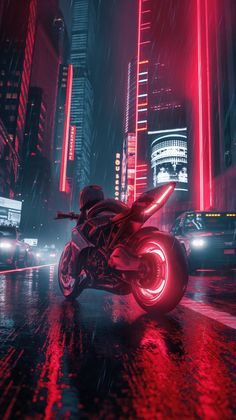 a motorcycle parked in the middle of a city at night with neon lights on it