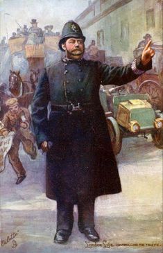 an old painting of a man in uniform pointing at something while standing on the street