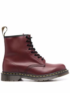 cherry red leather contrast stitching logo pull-tab at the heel round toe front lace-up fastening low heel gum-rubber sole Stitching Logo, Mens Leather Boots, Unisex Shoes, Shoes Uk, Cherry Red, Dr. Martens Boots, Pull Tab, Dr. Martens, Low Heels