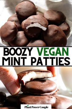 A grid of two photos with head on views of a pile of peppermint patties with chocolate coating with text reading boozy vegan mint patties Simple Sweet Treats, York Peppermint Patties, Easy Vegan Meal Prep, Mint Patties, York Peppermint Patty, Vegan Candy, Vegan Candies, Candy Recipe, Candy Snacks