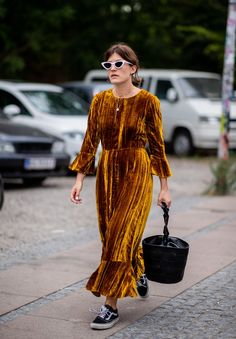 With a Velvet Dress, Circular Bag, and Cat-Eye Sunglasses Velvet Dresses Outfit, Cropped Fur Jacket, Bright Pants, How To Wear Vans, Sleeved Velvet Dress, Fashion Week 2018, Striped Midi Skirt, Copenhagen Style, Copenhagen Fashion Week