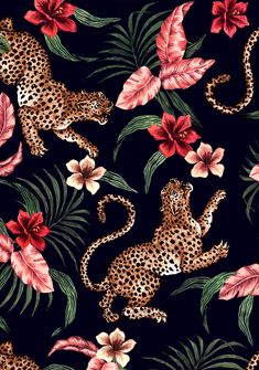 leopards and flowers on a black background with red, pink and green leaves in the foreground