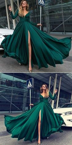 2018 sexy v-neck prom dress long sleeve high slit evening dress dark green prom gowns,HS111 #fashion#sexy#shopping#promdress#eveningdress#cocktaildress Dark Green Prom Dress Long, Emerald Green Prom Dress Long, Green Prom Dress Long, Dark Green Prom Dresses, Emerald Green Prom Dress, Red Prom Dresses, Split Prom Dresses, Evening Dress Long