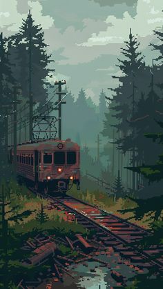 a red train traveling through a forest filled with tall pine trees on top of a lush green hillside