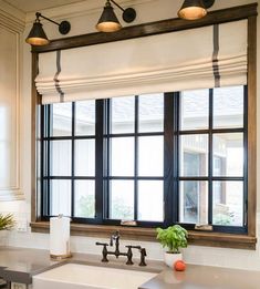 a kitchen sink under a window next to a counter with a potted plant on it