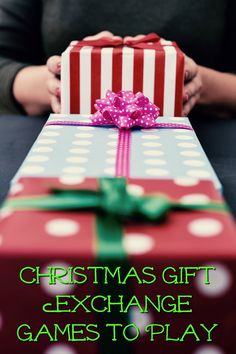 a woman holding a christmas gift with the words, christmas gift exchange games to play