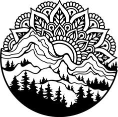 a black and white drawing of mountains with trees