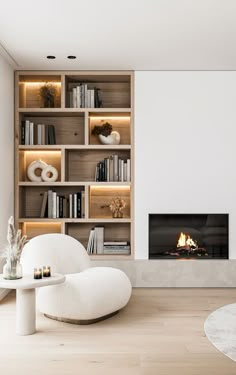 a living room filled with furniture and a fire place next to a wall mounted book shelf