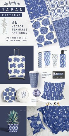 the blue and white pattern is featured in this brochure for japan's new products