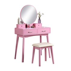 Liannon Vanity Set: Contemporary wood vanity with storage drawers and plush stool. Modern style, rubberwood frame, MDF body. Dimensions: Vanity 32.68"W x 16.54"D x 52.36"H, Mirror 19.68" diameter, Stool 16.54"W x 12.6"D x 17.52"H. Assembly required. Fake Nails For Kids, Nails For Kids, Wood Vanity, Dressing Tables, Vanity Table, Kitchen Home, Fake Nails, Things I Want, Ivy