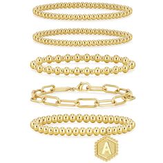 PRICES MAY VARY. Gold beaded Bracelets for Women: 5PCS Trendy Gold initial bracelets set are stackable. Each gold bracelet can be worn separately or wear them together, or in combination with other bracelets to create their own style. Letter Bracelet Size: Length: about 7.25 inch, with strong elastic string. Small bead size is 4mm in diameter. Large bead size is 6mm in diameter. The initial Letter A-Z pendant are also plated with 14K gold for durability and tarnishing. The stretch gold bead brac Initial Bracelet Gold, Gold Bracelets Stacked, Dainty Gold Bracelet, Gold Jewelry Gift, Gold And Silver Bracelets, Silver Bracelets For Women, Adjustable Jewelry, Letter Bracelet, Gold Bracelet For Women