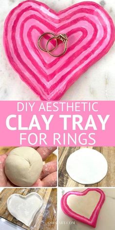 the process to make clay trays for rings is shown with pink and white hearts