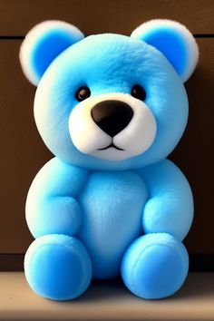 a blue teddy bear sitting in front of a brown wall