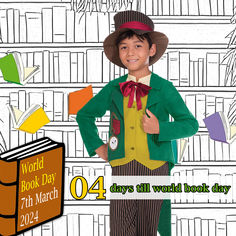 a young boy wearing a green jacket and hat standing in front of bookshelves