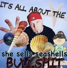 a man holding seashells in his hand with the caption it's all about the shells