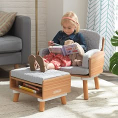 Both parents and kids will adore the sized-right Mid-Century Kid Reading Chair and Ottoman from KidKraft. They'll love kicking back and relaxing with a good book in this cushioned chair. It's angled to get the perfect mode of lounging. Kids can prop their feet up on the cushioned ottoman and they've got the ultimate form of relaxation. Cleverly designed storage is embedded in the ottoman and is accessible from both sides. It's the perfect spot to store more books, magazines or even a small blank Kids Reading Chair, Cushioned Ottoman, Cushioned Chair, Preschool Furniture, Chair Ottoman, Reading Chair, Furniture Hacks, Kids Corner, Design Bedroom