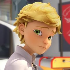 a cartoon character with blonde hair and green eyes looking at the camera while standing in front of a yellow suitcase