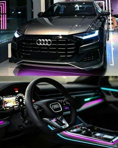 the inside and outside of an audi car with neon lights on it's dashboard