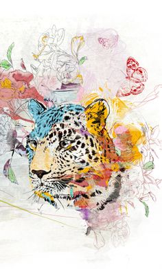 a drawing of a leopard surrounded by flowers