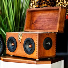 two speakers sitting on top of a wooden box