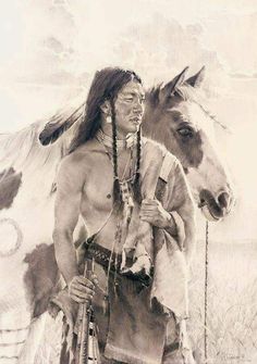 a native american man standing next to a horse